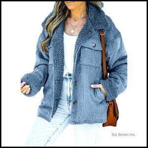 Corduroy Sherpa Jacket with Fleece Fur Collar Button Down Winter Coat